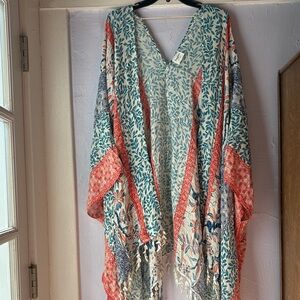 Hayden Teal Leaf Print kimono duster